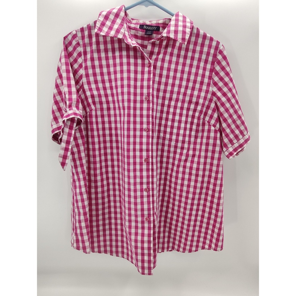 Roamans Womens Pink Gingham Short Sleeve Button Down‎ Shirt Plus 14W Tie Cuff